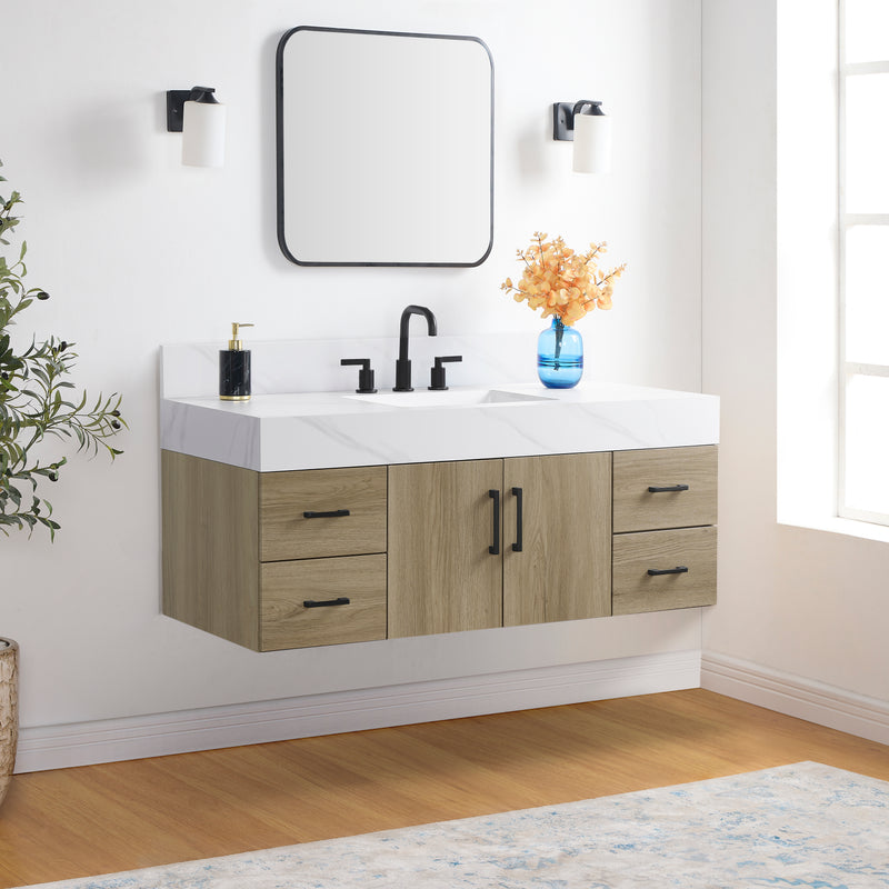 Utopia 48" Bathroom Vanity in Dark Oak with Calacatta Sintered Stone Top, modern design with intelligent storage.