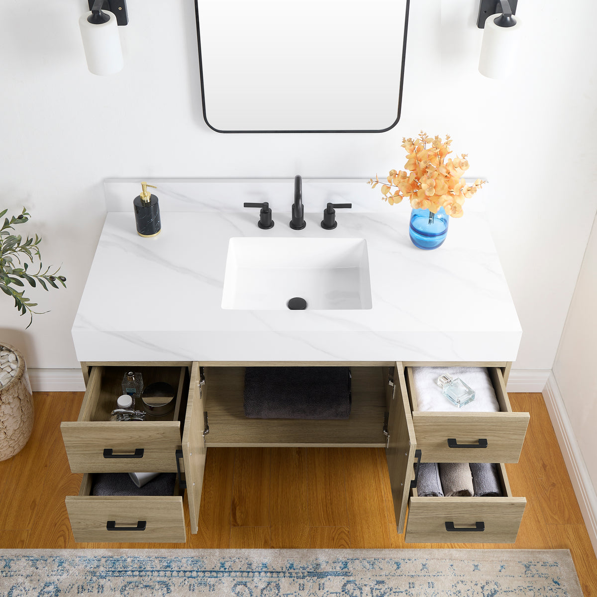 dark oak bathroom vanity with sintered stone top showcasing modern design and storage features