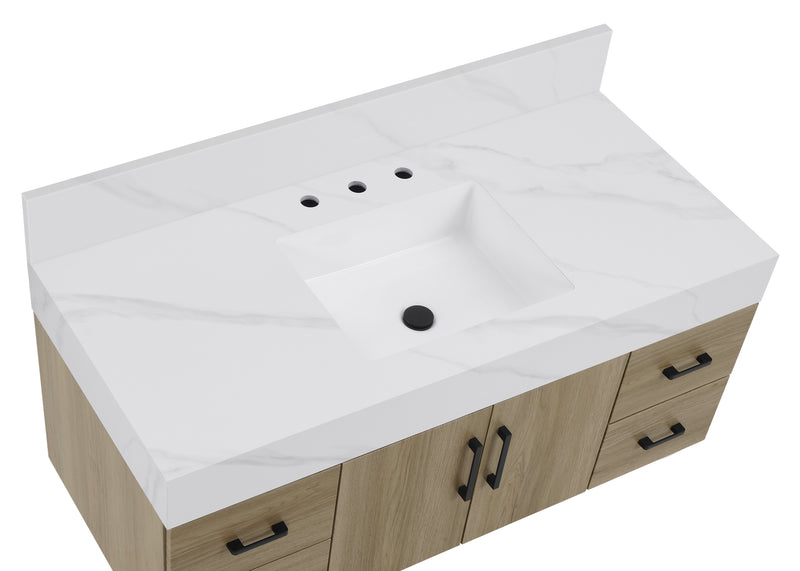 Dark oak bathroom vanity with sintered stone top, featuring a sleek sink and minimalist design.