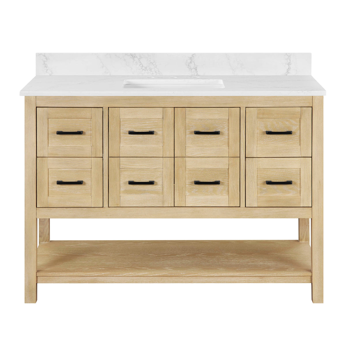Natural oak vanity base with white countertop and multiple storage drawers for bathroom elegance.