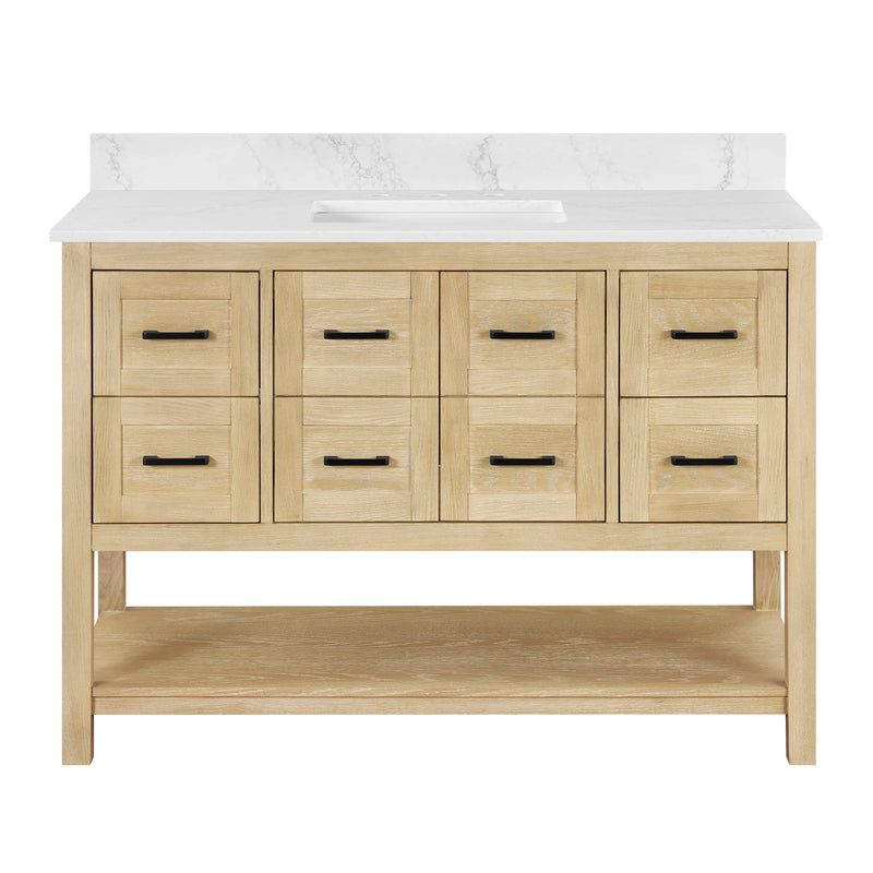Natural oak vanity base with white countertop and multiple storage drawers for bathroom elegance.