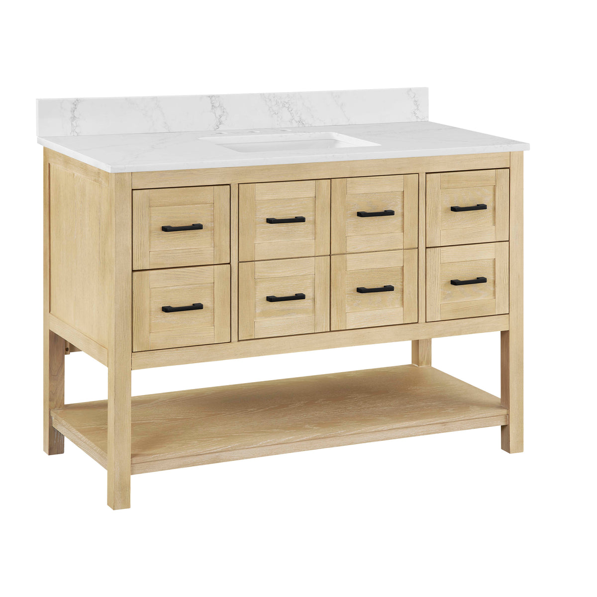 Natural oak vanity base with eight drawers and white countertop, ideal for elegant bathroom designs.