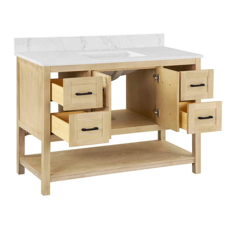 Natural oak vanity base with four drawers and a white marble countertop, perfect for bathroom elegance.