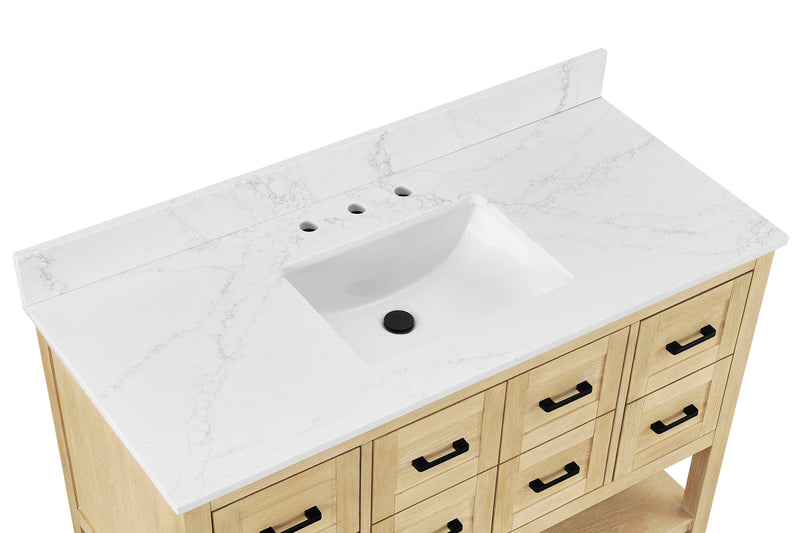 Natural oak vanity base with a white marble countertop and sink, perfect for stylish bathroom decor.