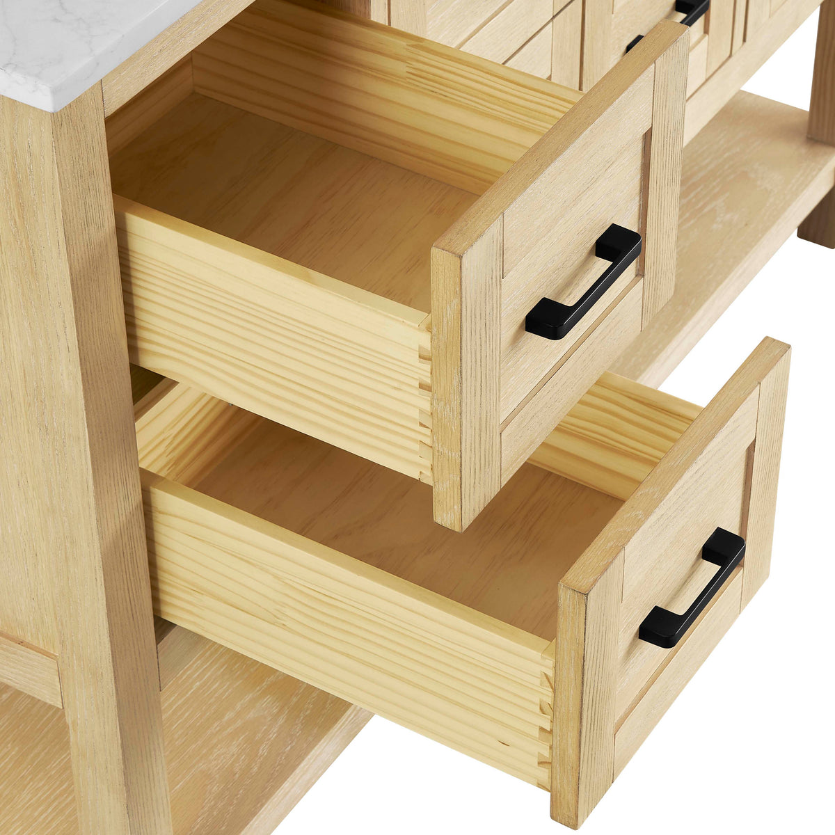 Natural oak vanity base featuring open wooden drawers for storage and easy access.
