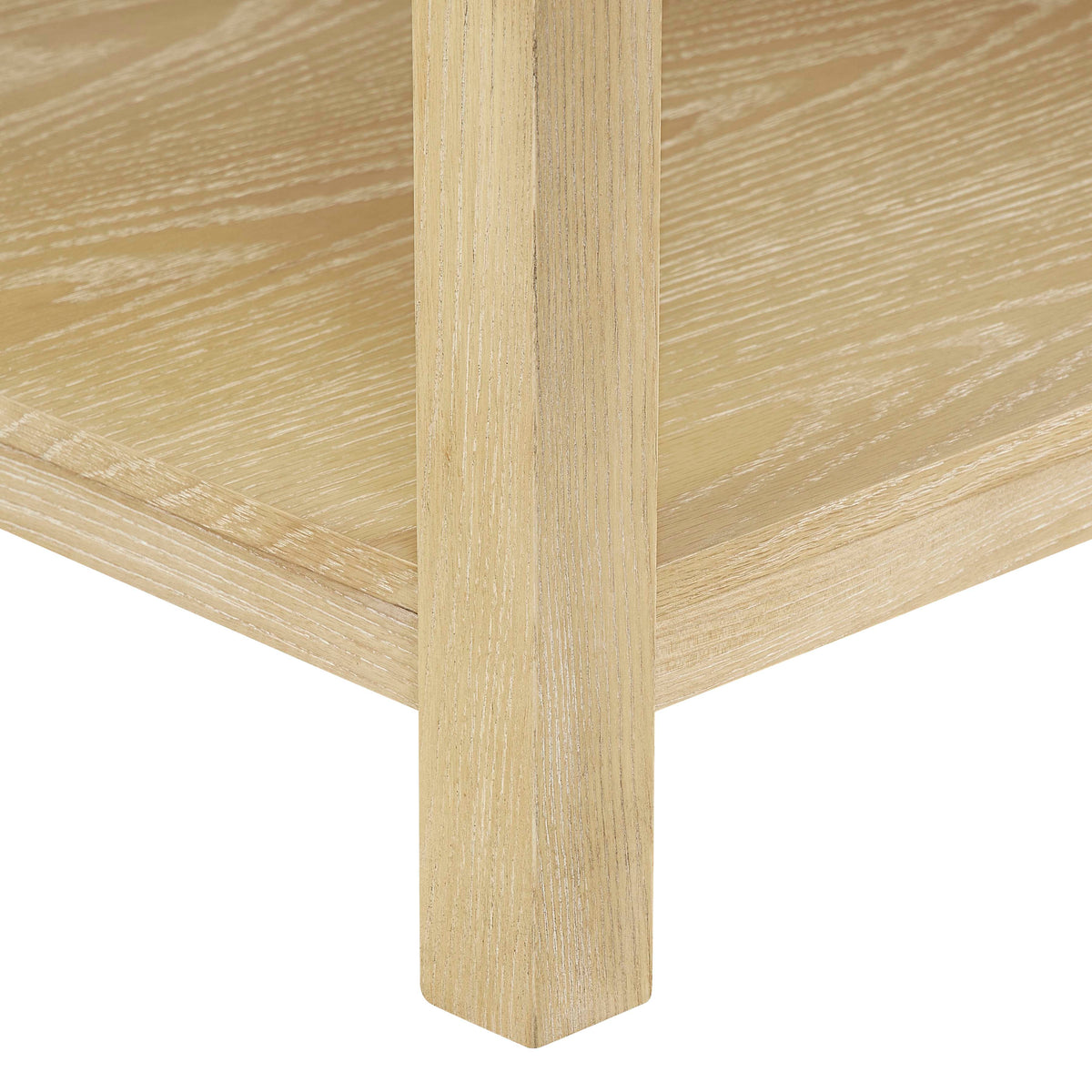Close-up of the natural oak vanity base showcasing its sturdy construction and wood grain texture.