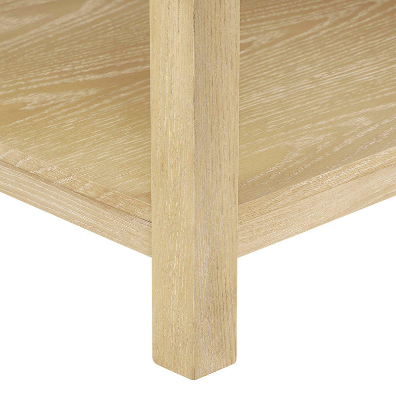 Close-up of the natural oak vanity base showcasing its sturdy construction and wood grain texture.