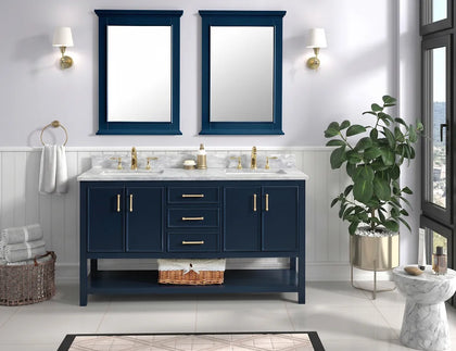 Premium Manhattan 60 inch double vanity with marble top product features, highlighting a solid wood frame, authentic Carrara marble, and matching mirrors.