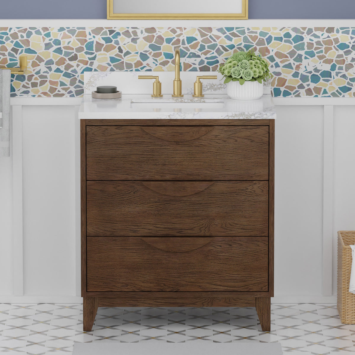 Edmond30" Vanity Set with thickness Laminted eased edge Calacatta Phoenix Quartz top  - Natural Teak