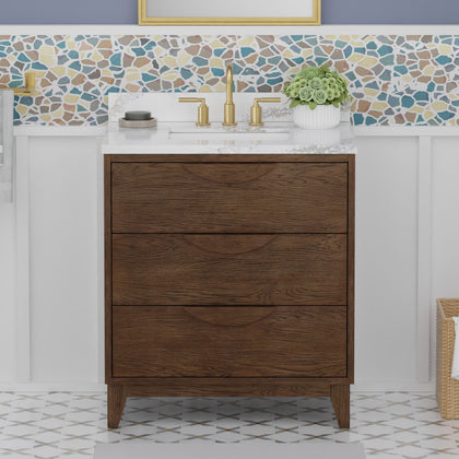 Edmond 30" Vanity Set with Laminated Eased Edge, Calacatta Phoenix Quartz Top in Natural Teak