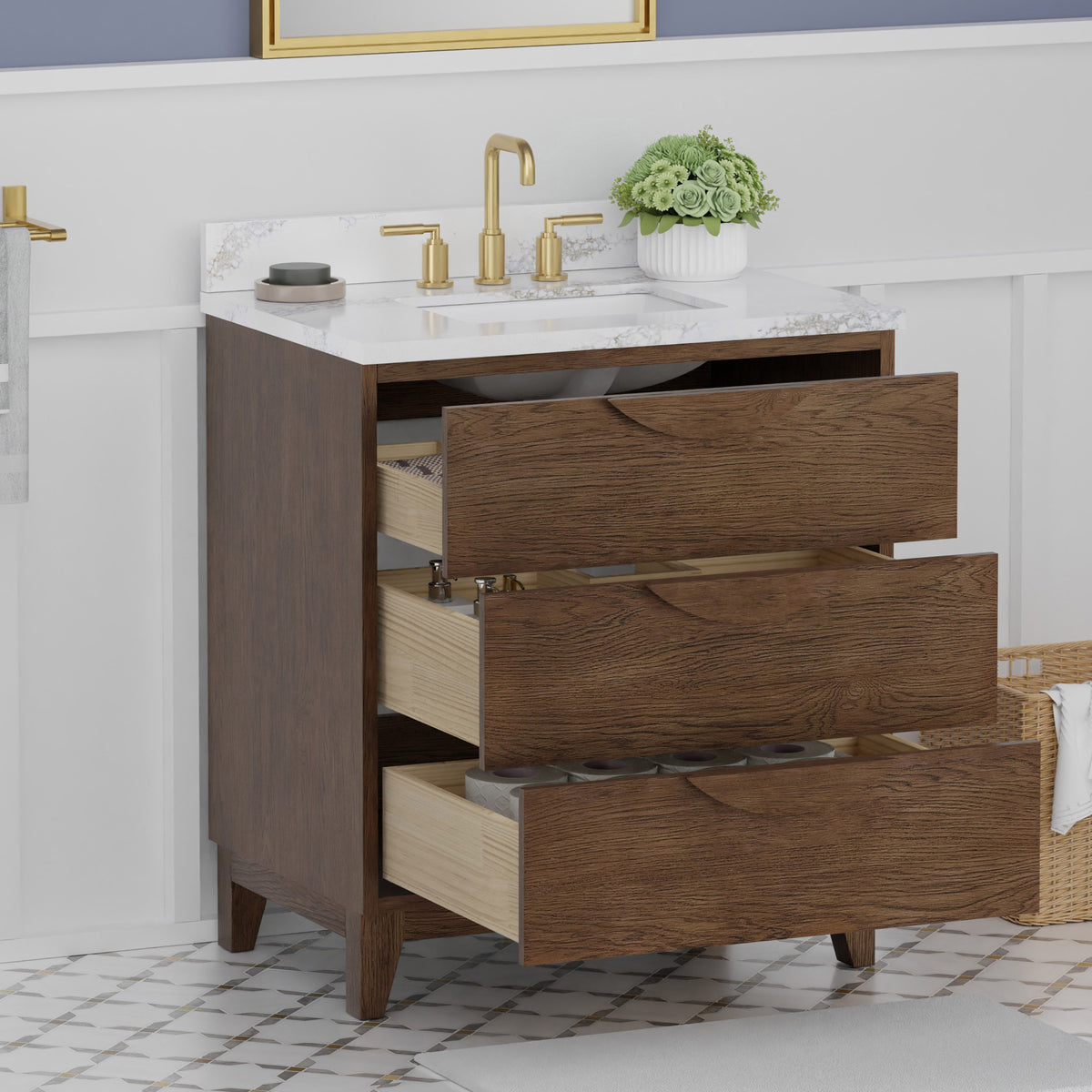 Edmond30" Vanity Set with thickness Laminted eased edge Calacatta Phoenix Quartz top  - Natural Teak