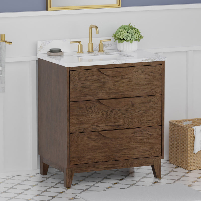 Edmond30" Vanity Set with thickness Laminted eased edge Calacatta Phoenix Quartz top  - Natural Teak