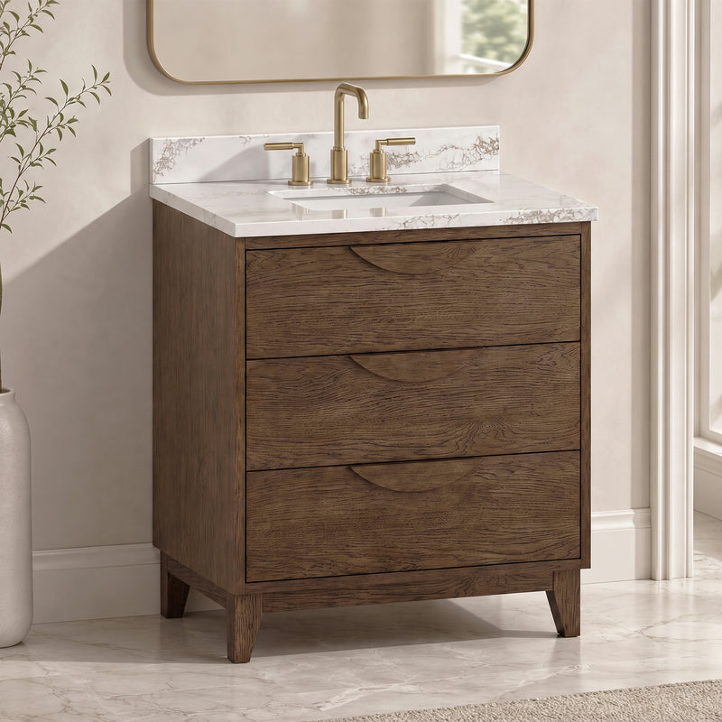 Edmond 30" Vanity Set with Laminated Eased Edge, Calacatta Phoenix Quartz Top in Natural Teak
