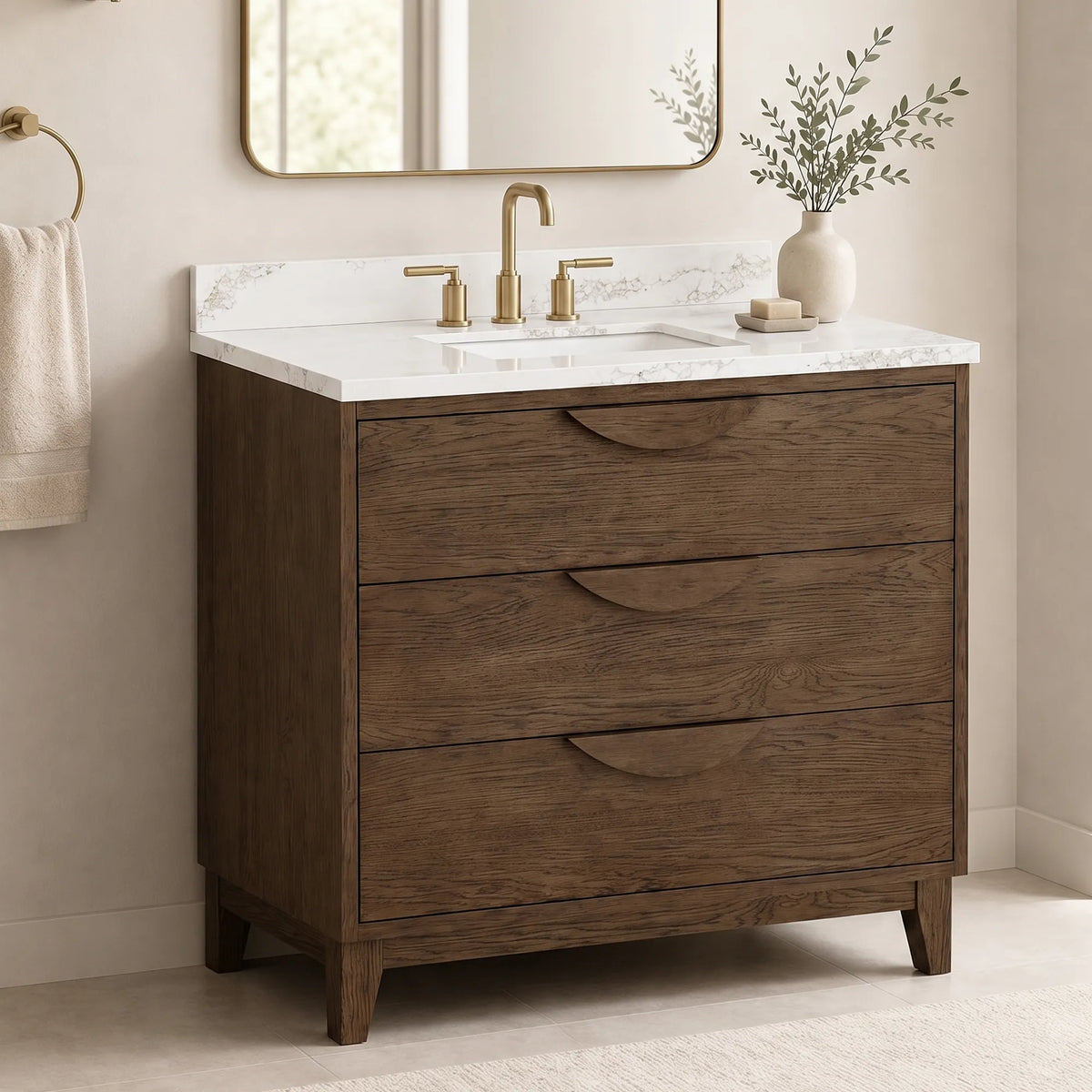 Edmond36" Vanity Set with thickness Laminted eased edge Calacatta Phoenix Quartz top  - Natural Teak
