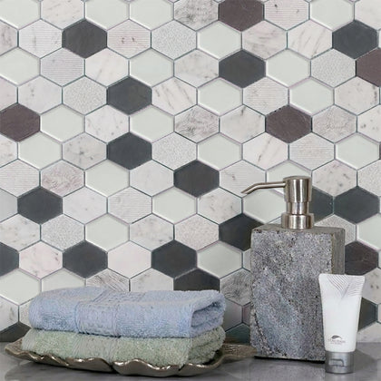 Anthracite Geo Hexagon Sequin Pattern 12-in x 13-in Marble with Glass Mosaic Wall Tile( 5.4 sq. ft. /Box )