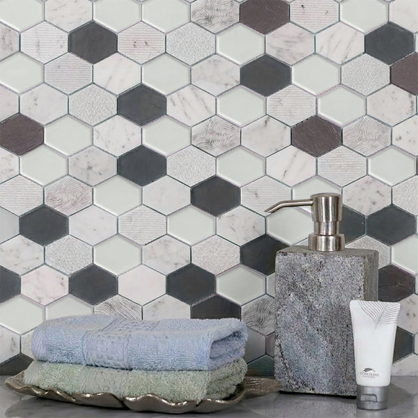 Anthracite Geo Hexagon Sequin Pattern 12-in x 13-in Marble with Glass Mosaic Wall Tile( 5.4 sq. ft. /Box )