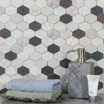 Anthracite Geo Hexagon Sequin Pattern 12-in x 13-in Marble with Glass Mosaic Wall Tile( 5.4 sq. ft. /Box )