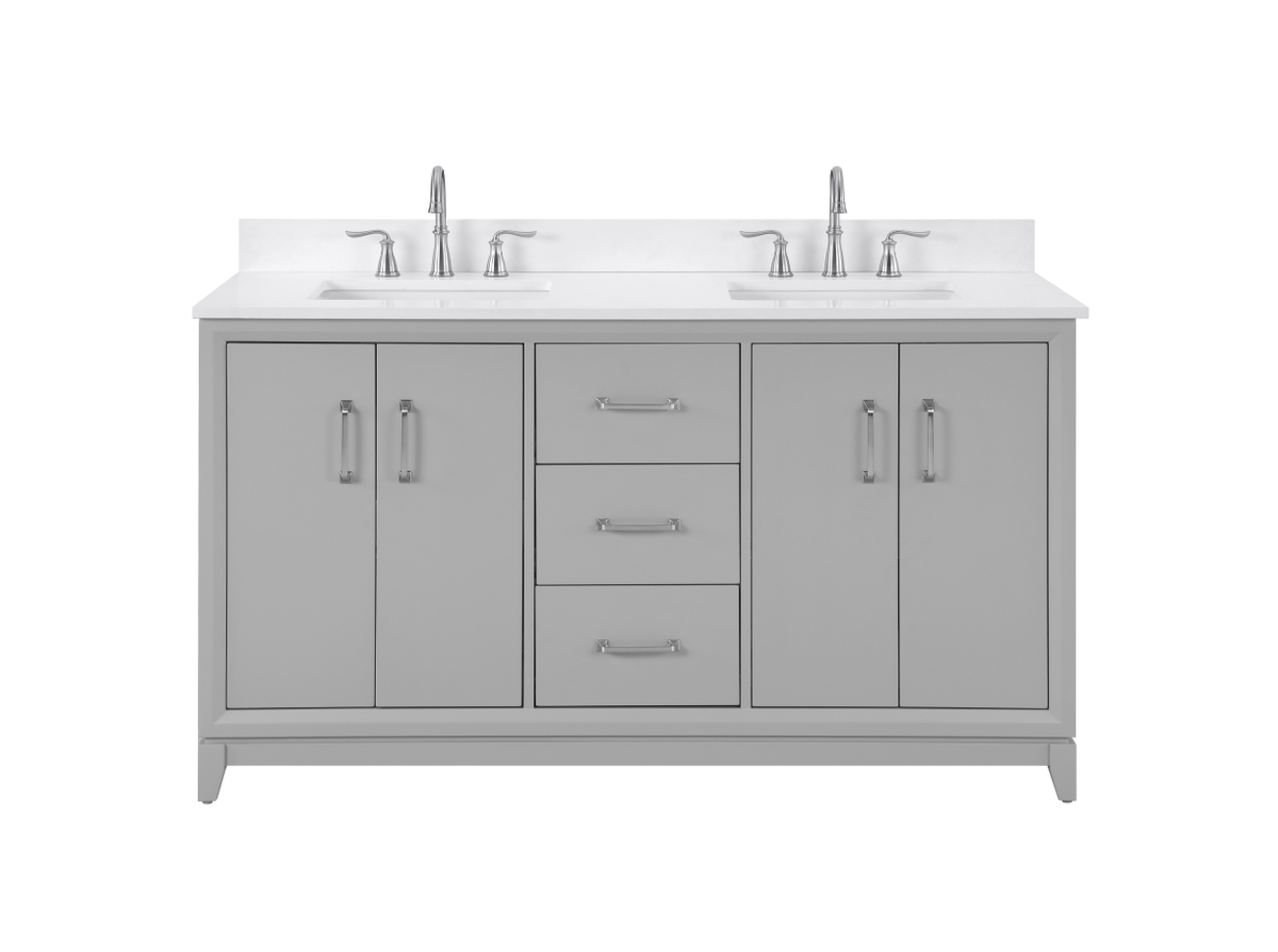 60 inch gray double vanity with quartz top featuring double sinks and ample storage.