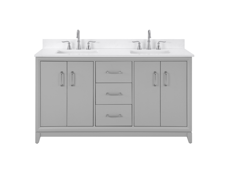 60 inch gray double vanity with quartz top featuring double sinks and ample storage.