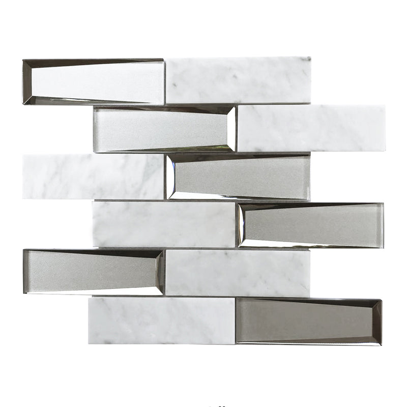 Carrara Marble & 3D Glass Mix 12-in x 12-in Glass Mosaic Wall Tile( 10 sq. ft. /Box )