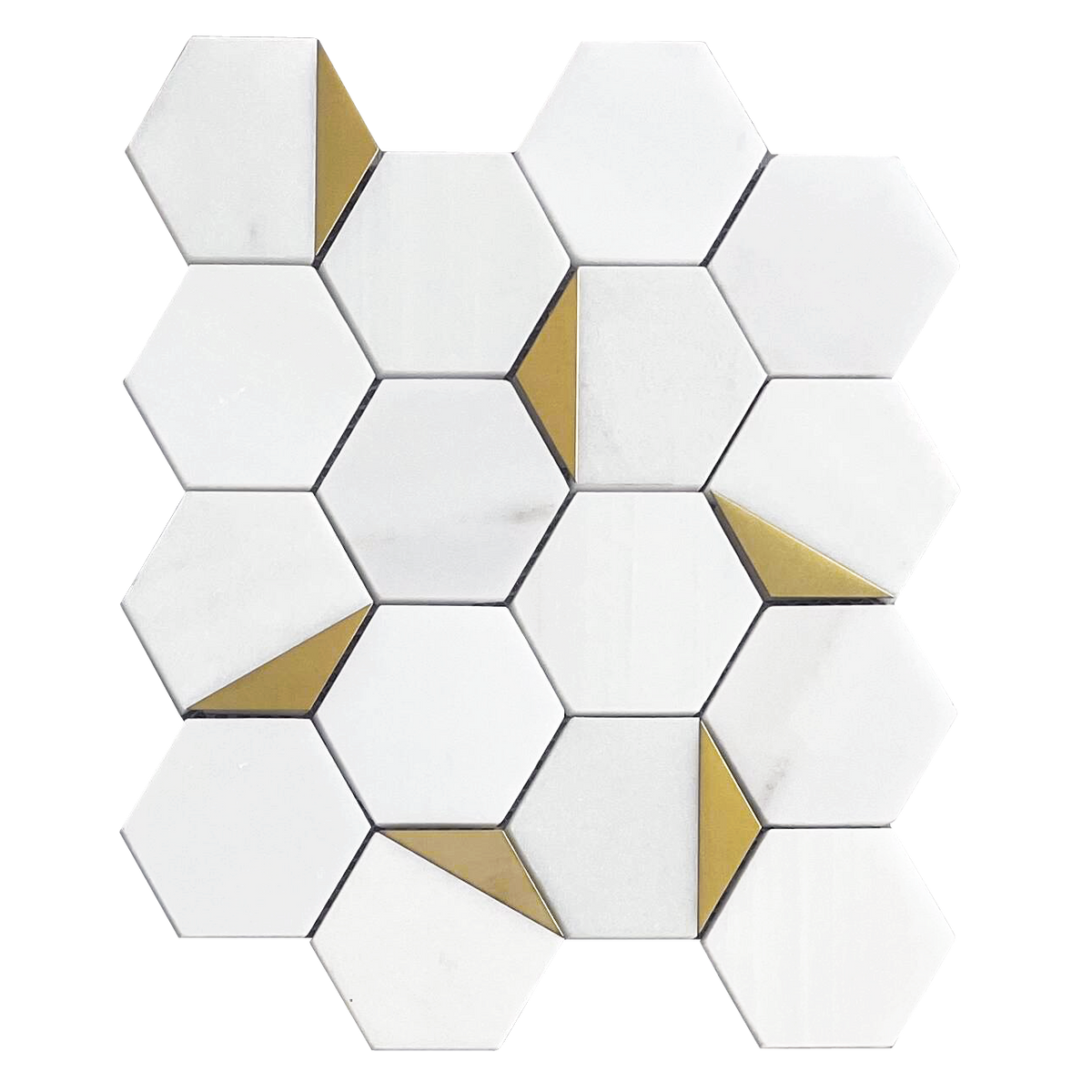 Royal White Hexagon Marble Mosaic Tile with Gold Accents – single 12x10 inch piece, polished finish with metallic details