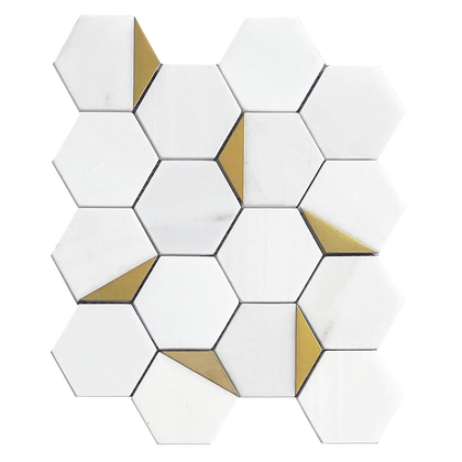 Royal White Hexagon Marble Mosaic Tile with Gold Accents – single 12x10 inch piece, polished finish with metallic details