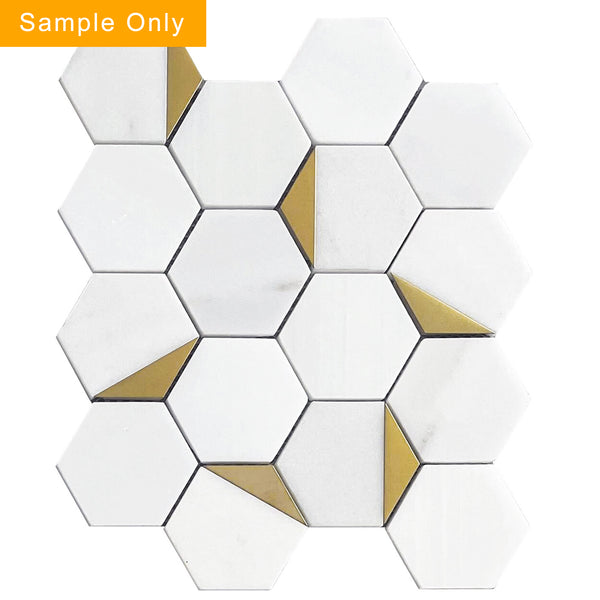 Royal White Hexagon with Gold Accents Polished Marble with Metal Mosaic Wall Tile - Sample (Product Shown is Full Size)