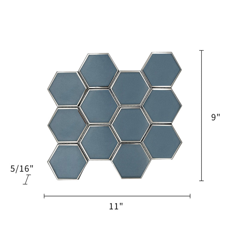 3-in Hexagon Dark Blue Glass with Silver Edge 11-in x 9-in Glass Mosaic Wall Tile( 7 sq. ft. /Box )