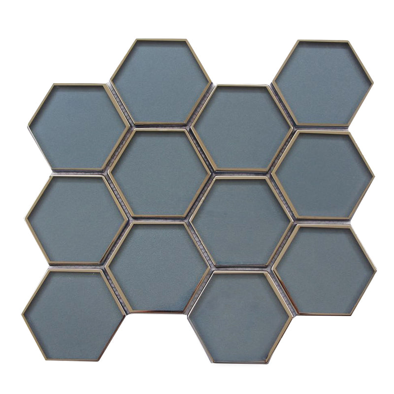 3-in Hexagon Dark Blue Glass with Silver Edge 11-in x 9-in Glass Mosaic Wall Tile( 7 sq. ft. /Box )