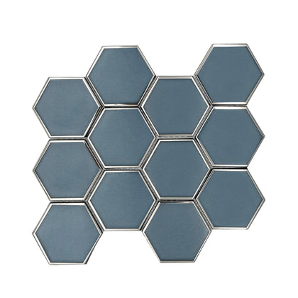 3-in Hexagon Dark Blue Glass with Silver Edge 11-in x 9-in Glass Mosaic Wall Tile( 7 sq. ft. /Box )
