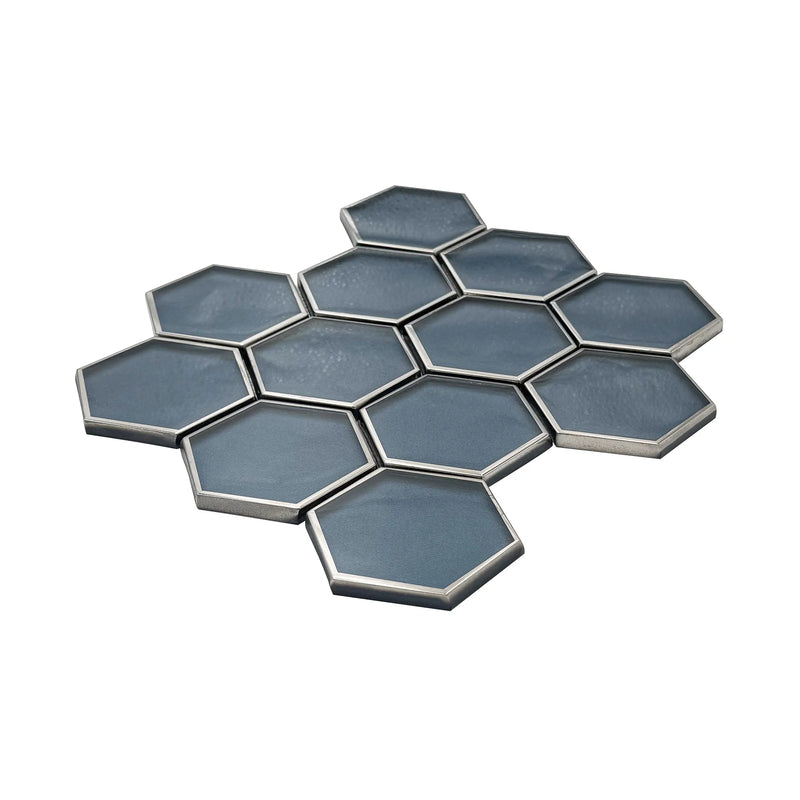 3-in Hexagon Dark Blue Glass with Silver Edge 11-in x 9-in Glass Mosaic Wall Tile( 7 sq. ft. /Box )