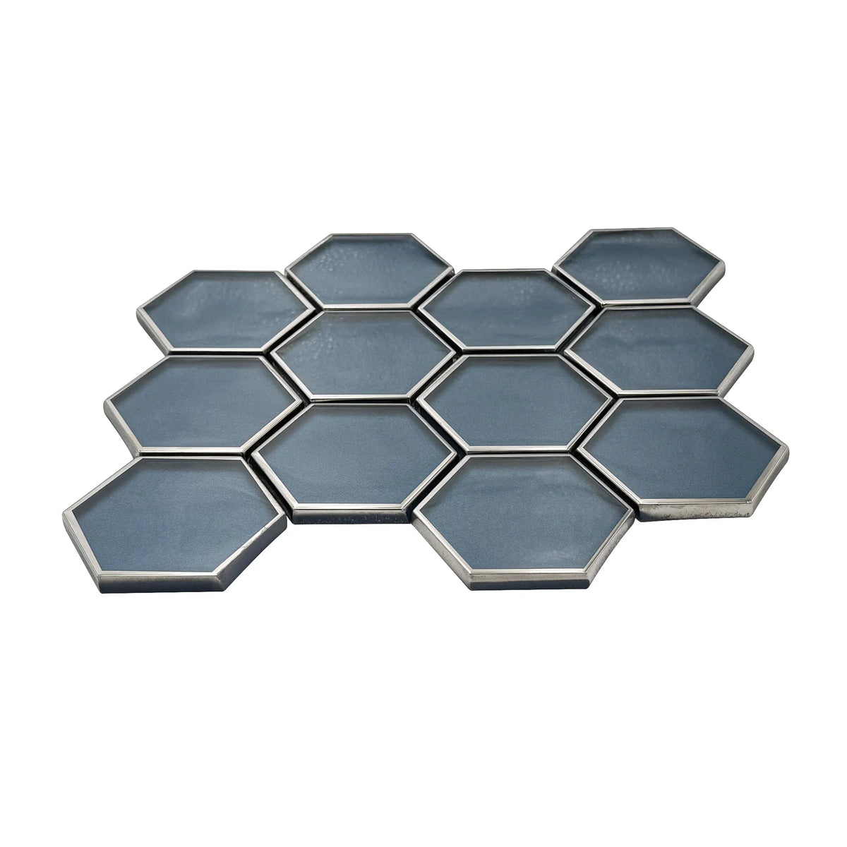 3-in Hexagon Dark Blue Glass with Silver Edge 11-in x 9-in Glass Mosaic Wall Tile( 7 sq. ft. /Box )