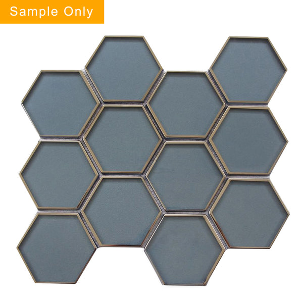 3-in Hexagon Dark Blue Glass with Silver Edge Glass Mosaic Wall Tile - Sample (Product Shown is Full Size)