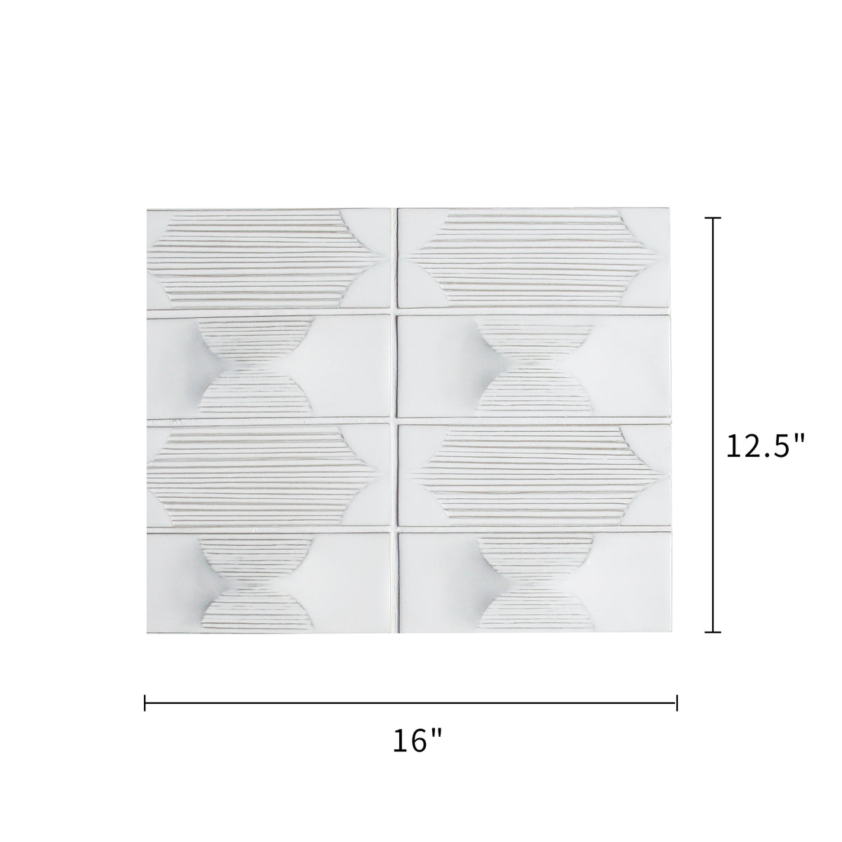 Size diagram of 12.5x16 inch Arabesque Cream Porcelain Mosaic Tile – labeled for wall and floor use, 1.39 sq. ft coverage