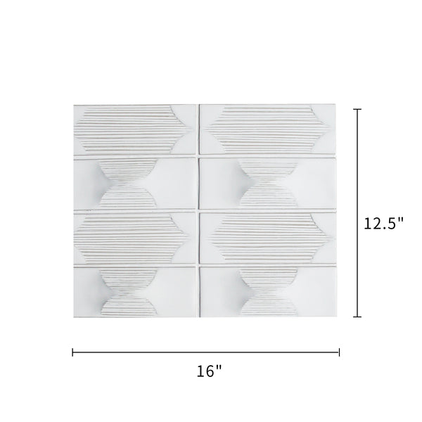 Size diagram of 12.5x16 inch Arabesque Cream Porcelain Mosaic Tile – labeled for wall and floor use, 1.39 sq. ft coverage