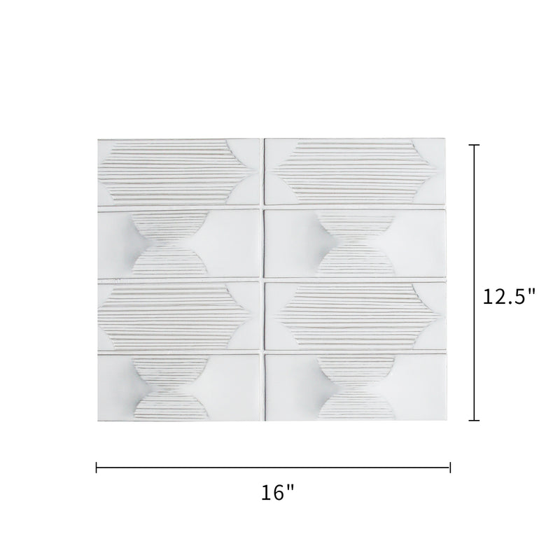 Size diagram of 12.5x16 inch Arabesque Cream Porcelain Mosaic Tile – labeled for wall and floor use, 1.39 sq. ft coverage