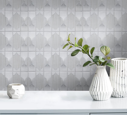 Bathroom wall and floor featuring Arabesque Cream Porcelain Mosaic Tiles – handmade textured 12.5x16 tiles in a soft, elegant interior