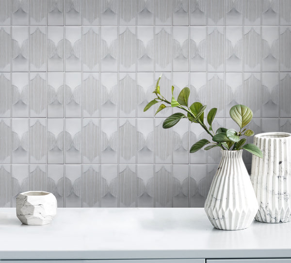 Bathroom wall and floor featuring Arabesque Cream Porcelain Mosaic Tiles – handmade textured 12.5x16 tiles in a soft, elegant interior