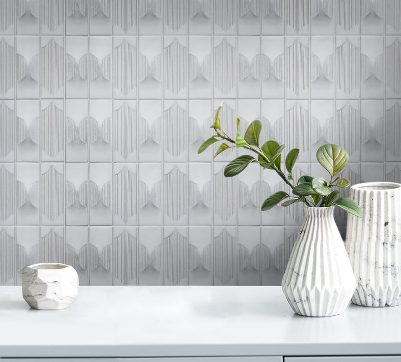 Bathroom wall and floor featuring Arabesque Cream Porcelain Mosaic Tiles – handmade textured 12.5x16 tiles in a soft, elegant interior