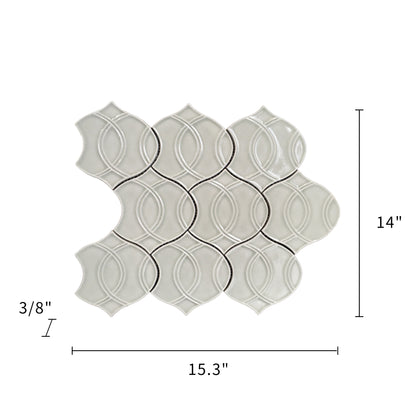 Size diagram of 14x15 inch Khaki Handmade Porcelain Mosaic Wall Tile – labeled with full dimensions and 1.5 sq. ft coverage