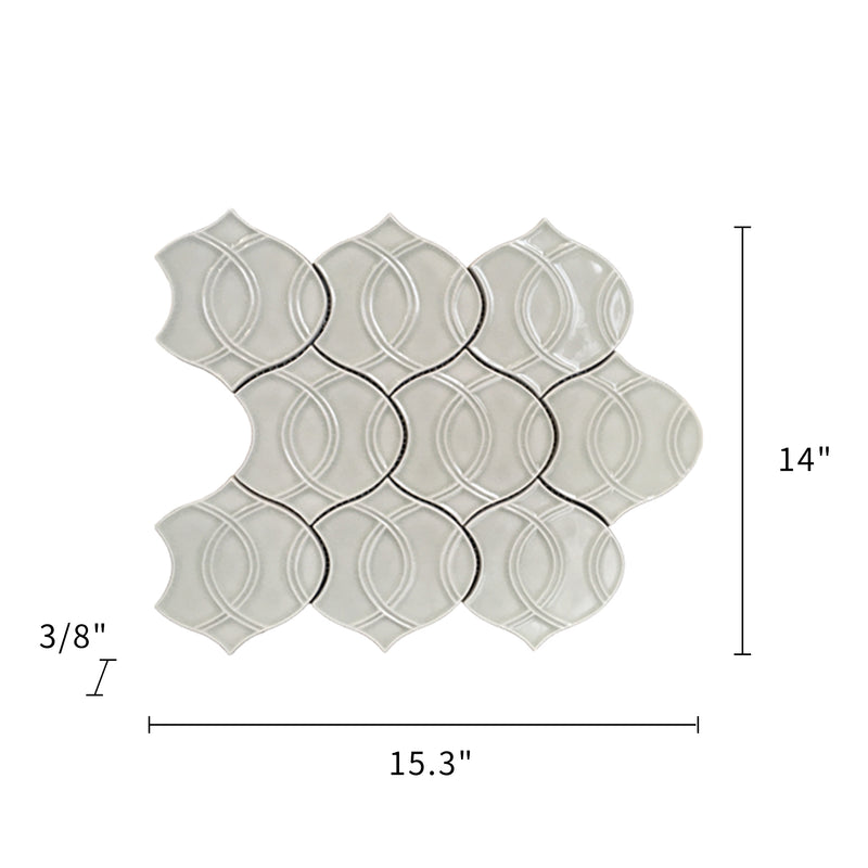 Size diagram of 14x15 inch Khaki Handmade Porcelain Mosaic Wall Tile – labeled with full dimensions and 1.5 sq. ft coverage