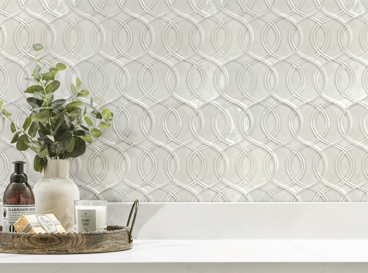 Interior wall finished with Khaki Handmade Glazed Porcelain Mosaic Tiles – 14x15 inch tiles in soft neutral tones