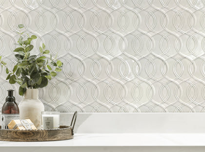 Interior wall finished with Khaki Handmade Glazed Porcelain Mosaic Tiles – 14x15 inch tiles in soft neutral tones