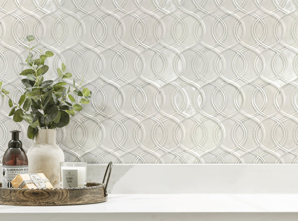 Interior wall finished with Khaki Handmade Glazed Porcelain Mosaic Tiles – 14x15 inch tiles in soft neutral tones