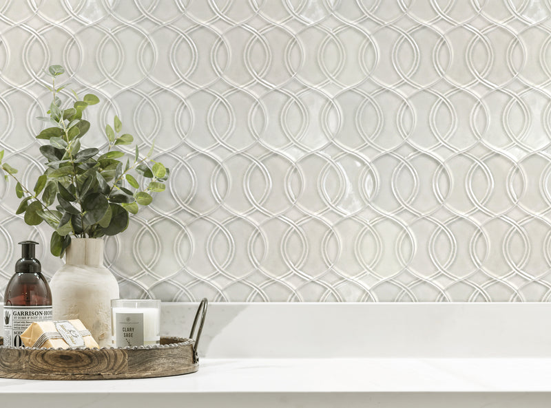 Interior wall finished with Khaki Handmade Glazed Porcelain Mosaic Tiles – 14x15 inch tiles in soft neutral tones