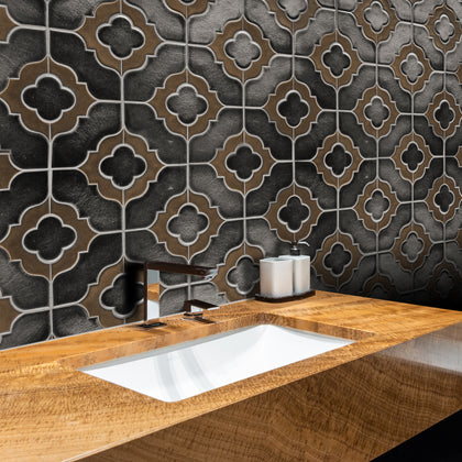 Modern bathroom featuring Floral Pattern Metallic Brown Mosaic Tiles – 6x11 tiles with metallic floral design for a sophisticated look