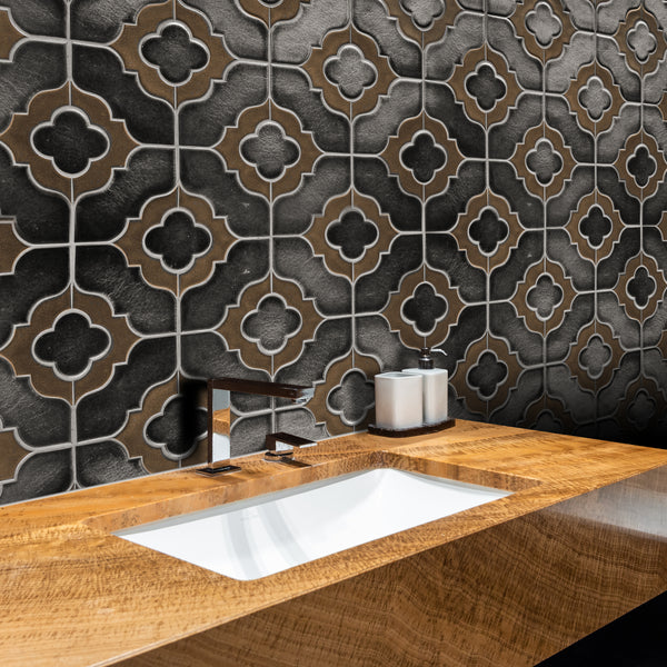 Modern bathroom featuring Floral Pattern Metallic Brown Mosaic Tiles – 6x11 tiles with metallic floral design for a sophisticated look