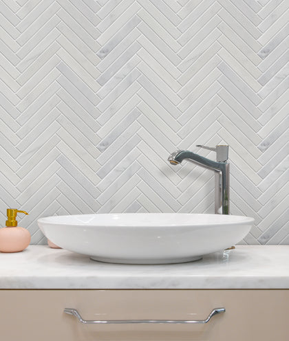 Oriental White 17-in x 10-in Honed Herringbone Marble Mosaic Floor and Wall Tile( 5.67 sq. ft. /Box )