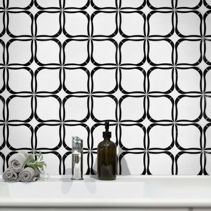 Tulip Pattern Thassos & Black Marble 12-in x 12-in Waterjet Mosaic Floor and Wall Tile( 5 sq. ft. /Box )