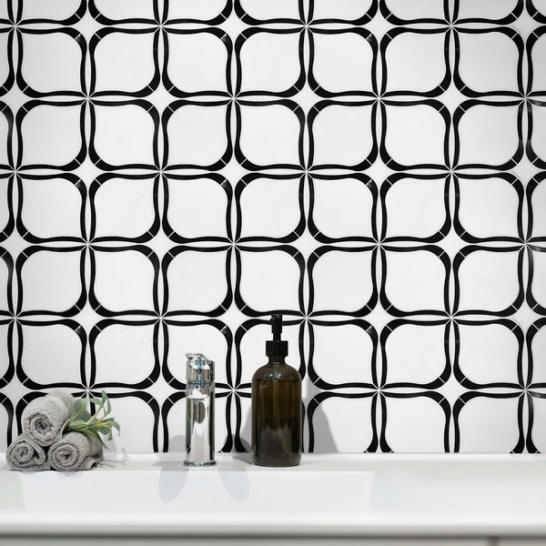 Tulip Pattern Thassos & Black Marble 12-in x 12-in Waterjet Mosaic Floor and Wall Tile( 5 sq. ft. /Box )